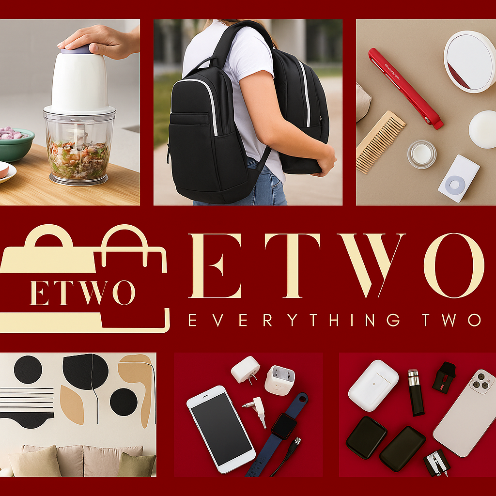 generate inside blog images showing: A stylish kitchen setup with a food chopper in use A student carrying a laptop multipurpose bag A beauty setup with a mini hair straightener A living room wall decorated with modern abstract wall stickers A flat lay photo of multiple trending gadgets together