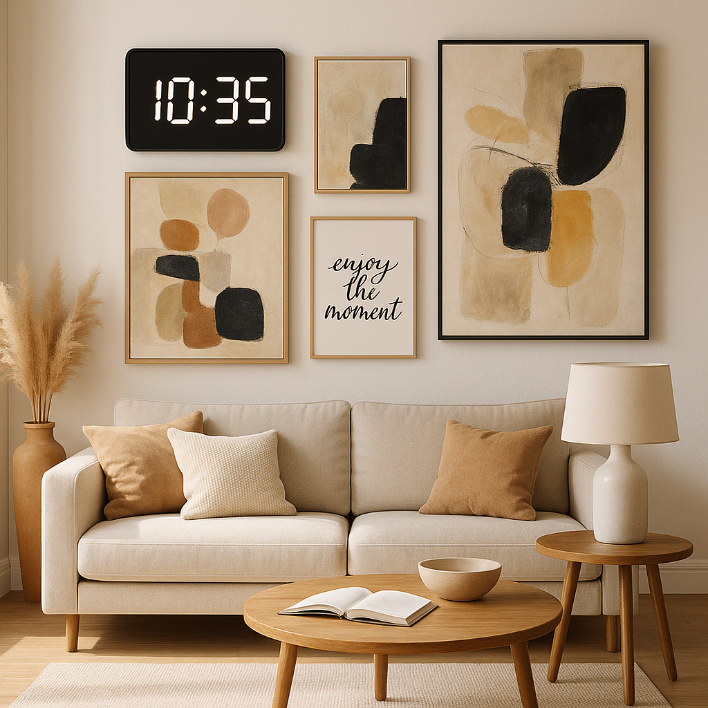 A modern living room with stylish wall art and aesthetic frames, featuring a mix of abstract paintings, calligraphy designs, and LED wall clocks. The space is bright, minimalistic, with cozy furniture and warm lighting. Showcase a contemporary 2025 home decor vibe, magazine-style photography, ultra-realistic, high resolution.