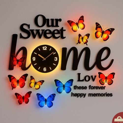 Sweet Home Wall Clock + Butterfly Leds