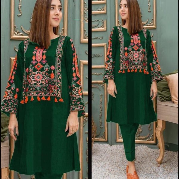 stitched linen embroidered dress – front view