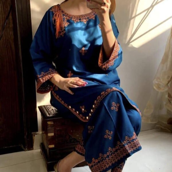 Women Linen Embroidered Dress front view
