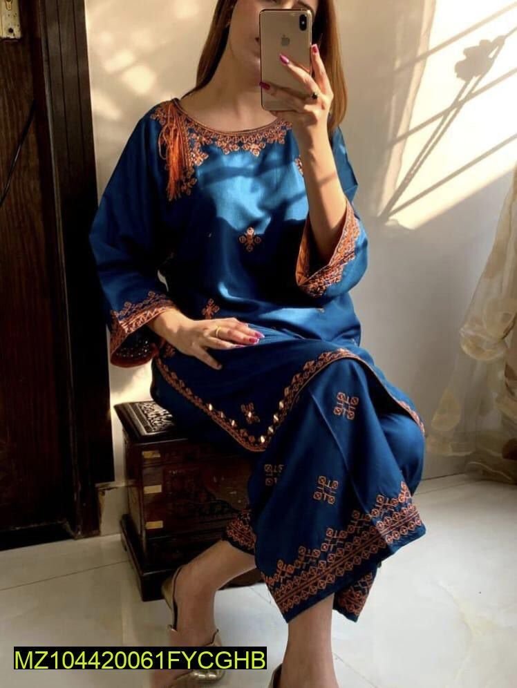 Women Linen Embroidered Dress front view