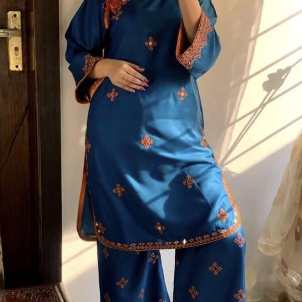 Blue embroidered linen dress stitched shirt trouser