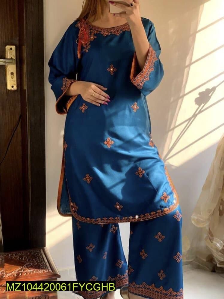 Blue embroidered linen dress stitched shirt trouser