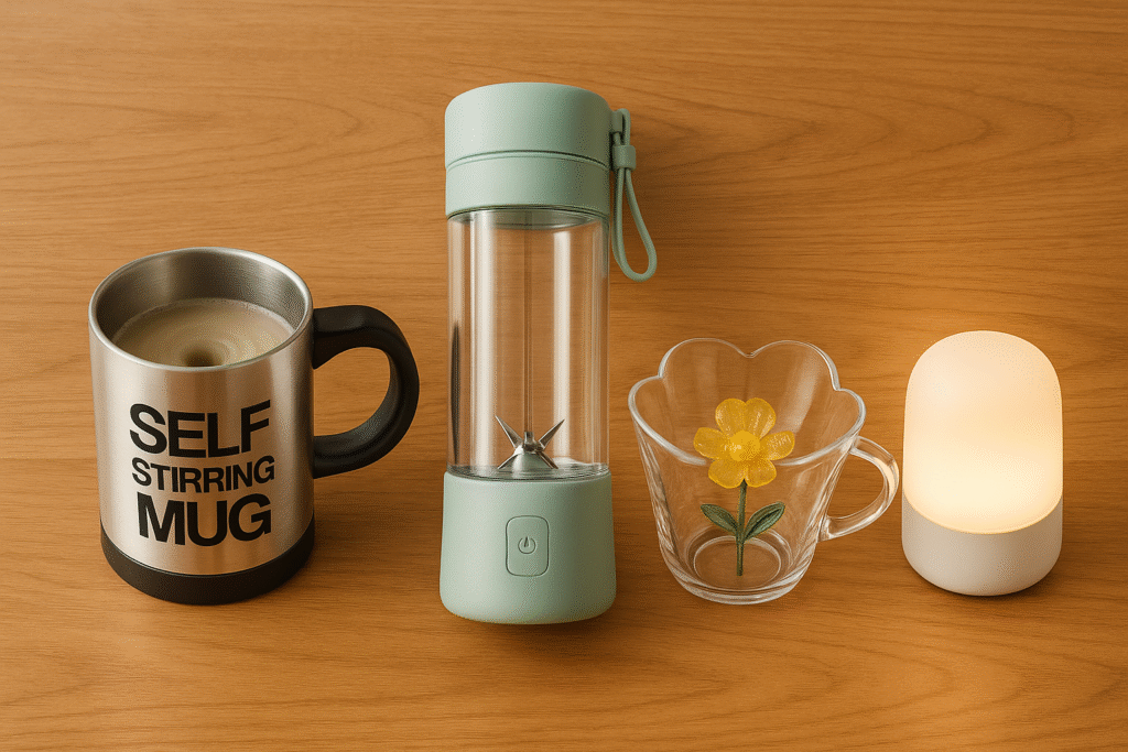 High-quality lifestyle flat lay featuring smart home and kitchen gadgets — self stirring mug, portable juicer blender, flower glass cup, and small LED lamp — placed neatly on a clean wooden surface with soft natural lighting and a cozy modern aesthetic.